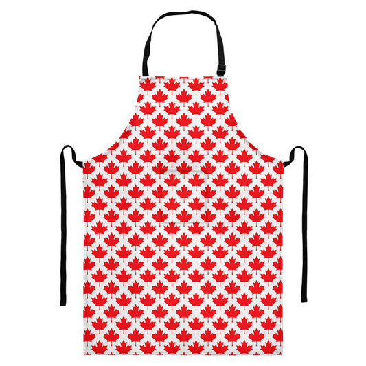 Red Canadian Maple Leaf Pattern Print Bib Apron With Pocket