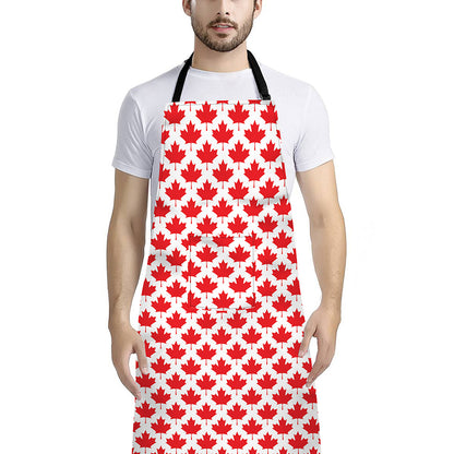 Red Canadian Maple Leaf Pattern Print Bib Apron With Pocket