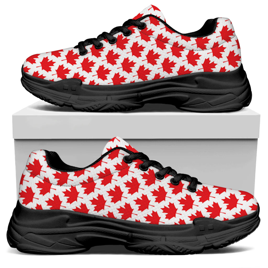 Red Canadian Maple Leaf Pattern Print Black Chunky Shoes