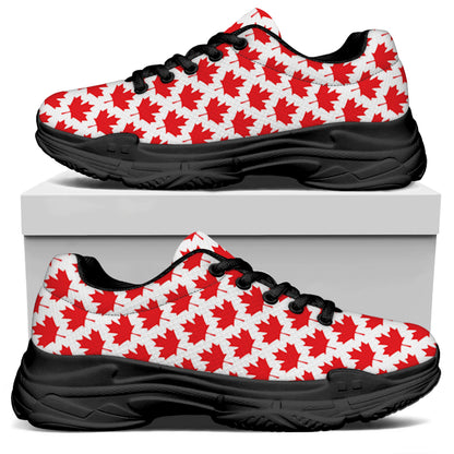 Red Canadian Maple Leaf Pattern Print Black Chunky Shoes