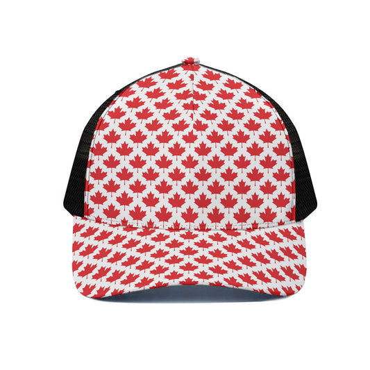 Red Canadian Maple Leaf Pattern Print Black Mesh Trucker Cap