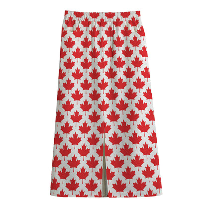 Red Canadian Maple Leaf Pattern Print Cotton Front Slit Maxi Skirt