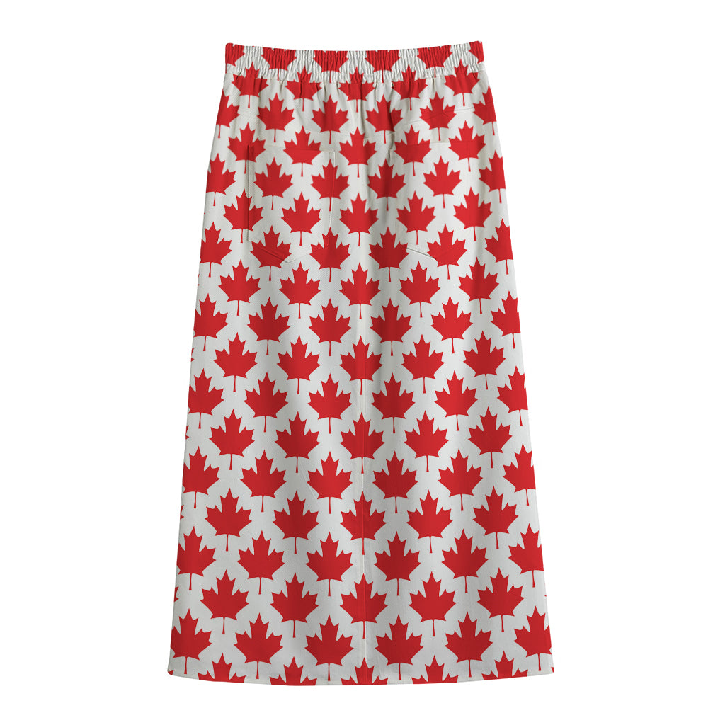 Red Canadian Maple Leaf Pattern Print Cotton Front Slit Maxi Skirt