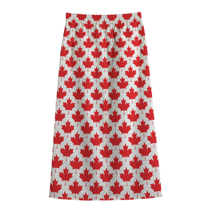 Red Canadian Maple Leaf Pattern Print Cotton Front Slit Maxi Skirt