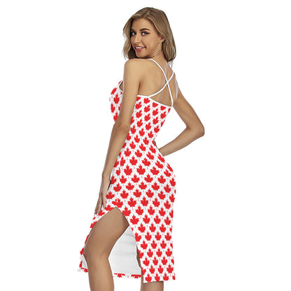 Red Canadian Maple Leaf Pattern Print Cross Back Cami Dress