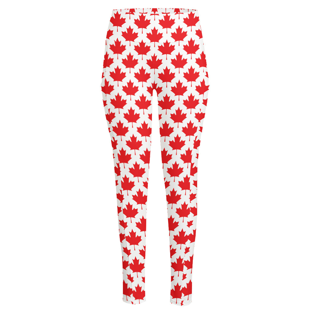 Red Canadian Maple Leaf Pattern Print High-Waisted Pocket Leggings