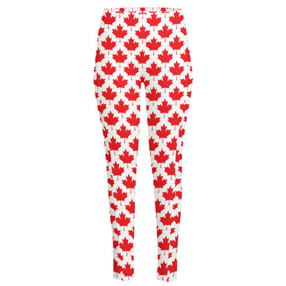 Red Canadian Maple Leaf Pattern Print High-Waisted Pocket Leggings