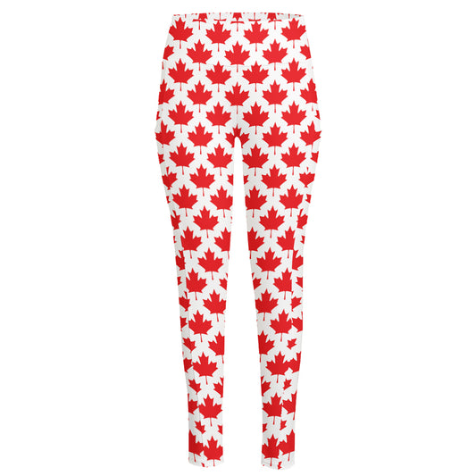 Red Canadian Maple Leaf Pattern Print High-Waisted Pocket Leggings