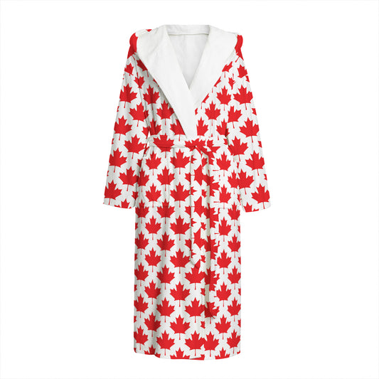 Red Canadian Maple Leaf Pattern Print Hooded Bathrobe