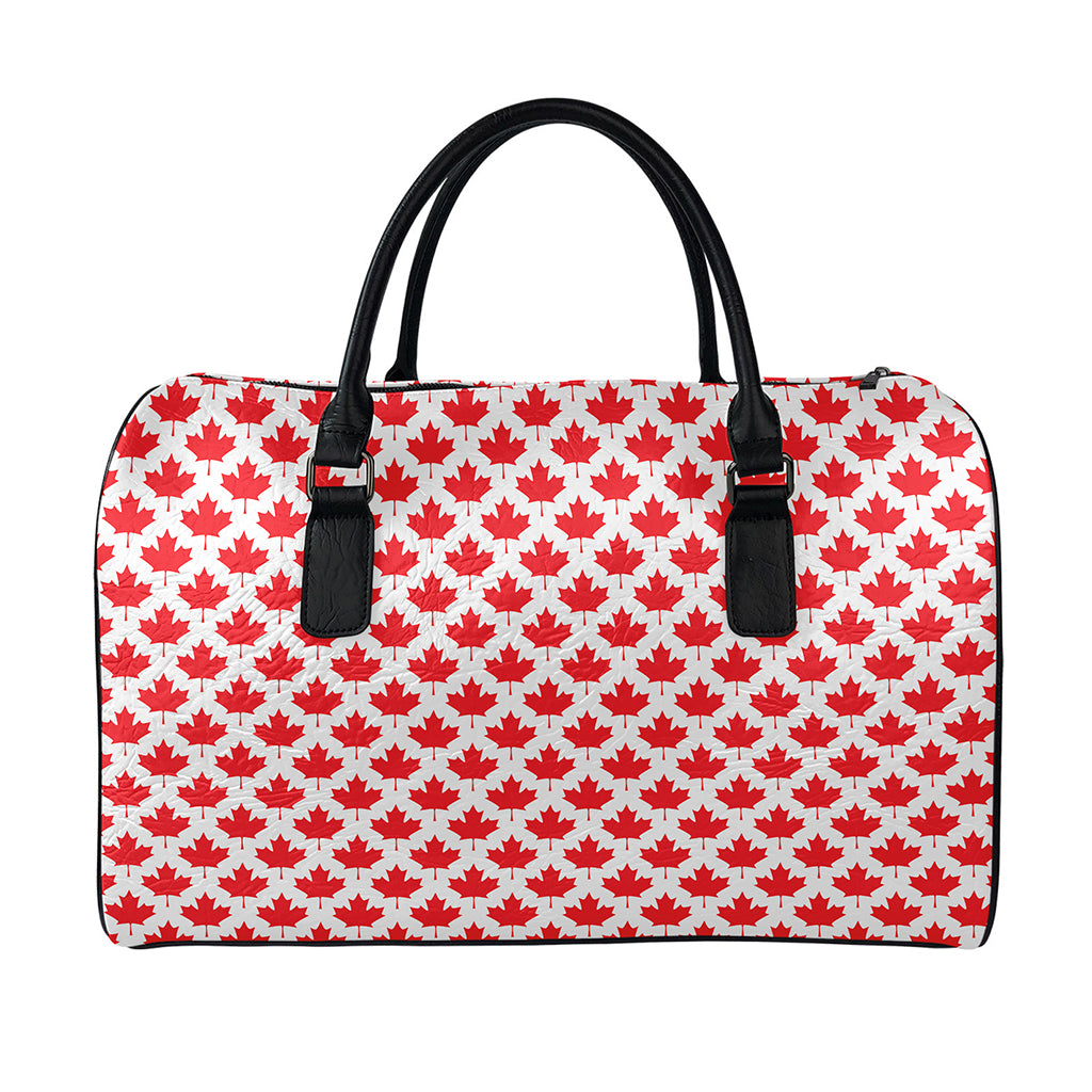 Red Canadian Maple Leaf Pattern Print Leather Duffle Bag