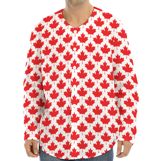 Red Canadian Maple Leaf Pattern Print Long Sleeve Baseball Jersey