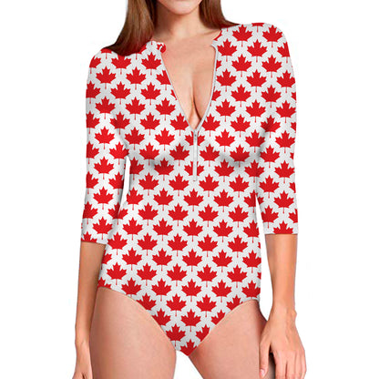 Red Canadian Maple Leaf Pattern Print Long Sleeve Swimsuit
