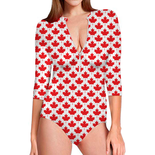 Red Canadian Maple Leaf Pattern Print Long Sleeve Swimsuit