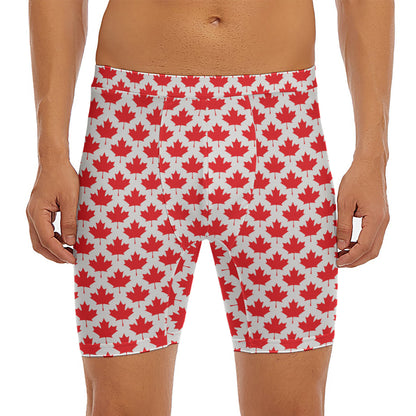 Red Canadian Maple Leaf Pattern Print Men's Long Boxer Briefs