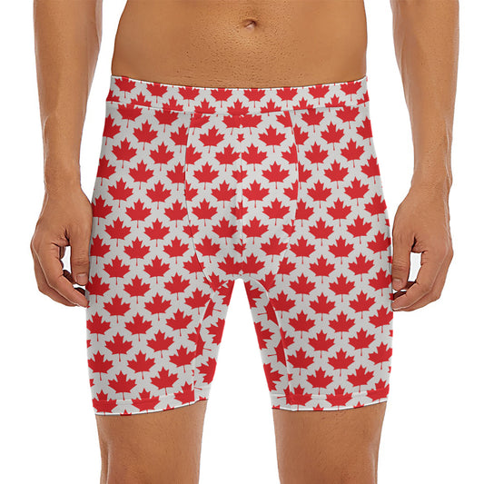 Red Canadian Maple Leaf Pattern Print Men's Long Boxer Briefs