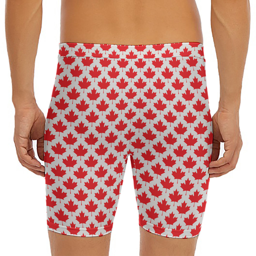 Red Canadian Maple Leaf Pattern Print Men's Long Boxer Briefs