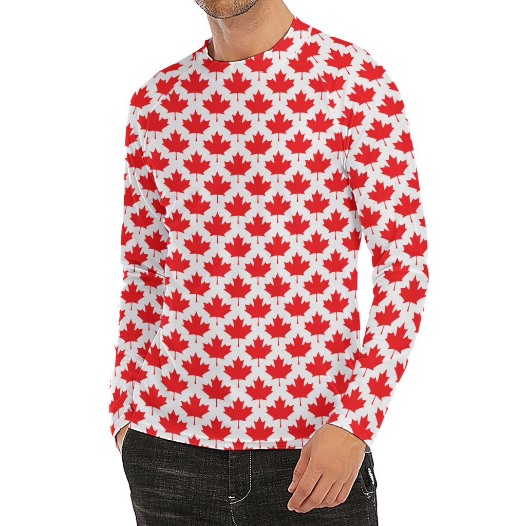 Red Canadian Maple Leaf Pattern Print Men's Long Sleeve Rash Guard