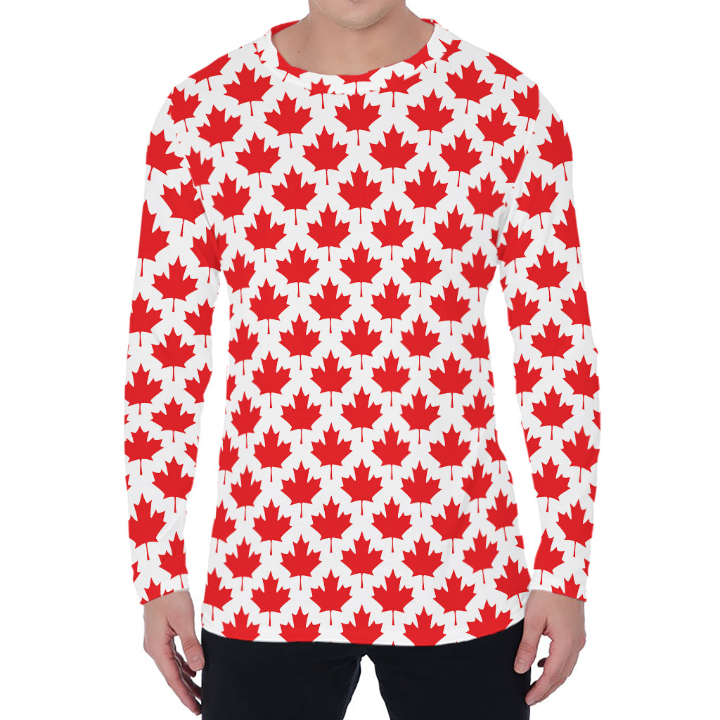 Red Canadian Maple Leaf Pattern Print Men's Long Sleeve T-Shirt