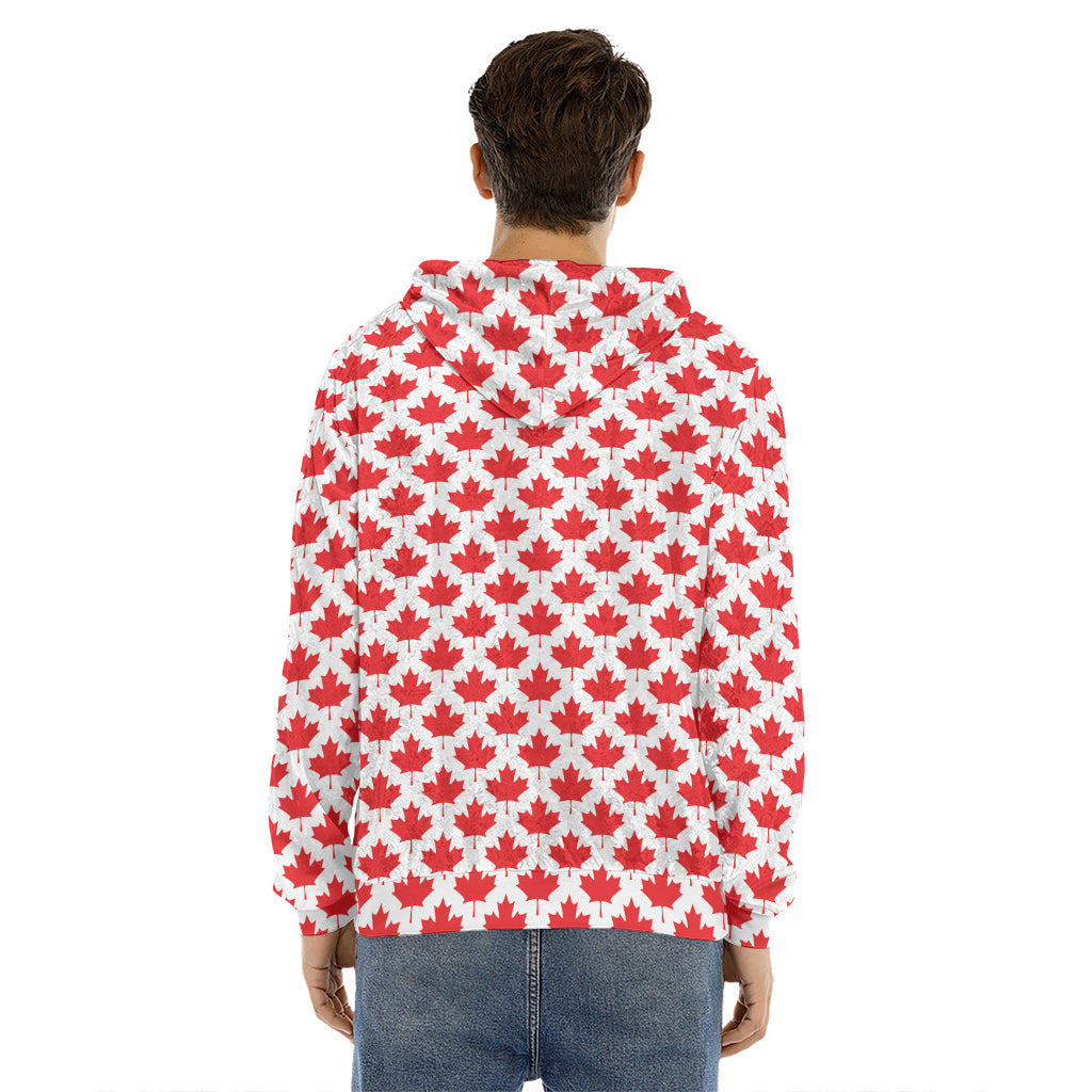 Red Canadian Maple Leaf Pattern Print Men's Velvet Pullover Hoodie