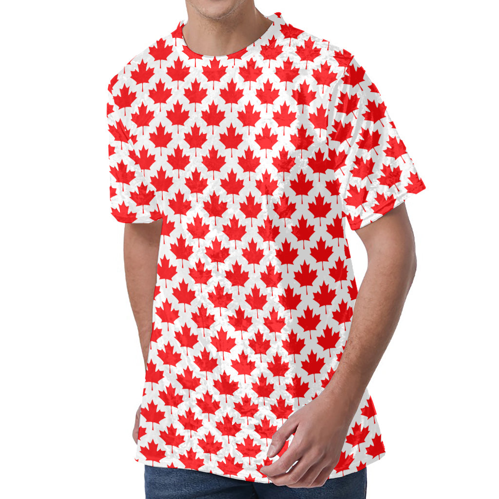 Red Canadian Maple Leaf Pattern Print Men's Velvet T-Shirt