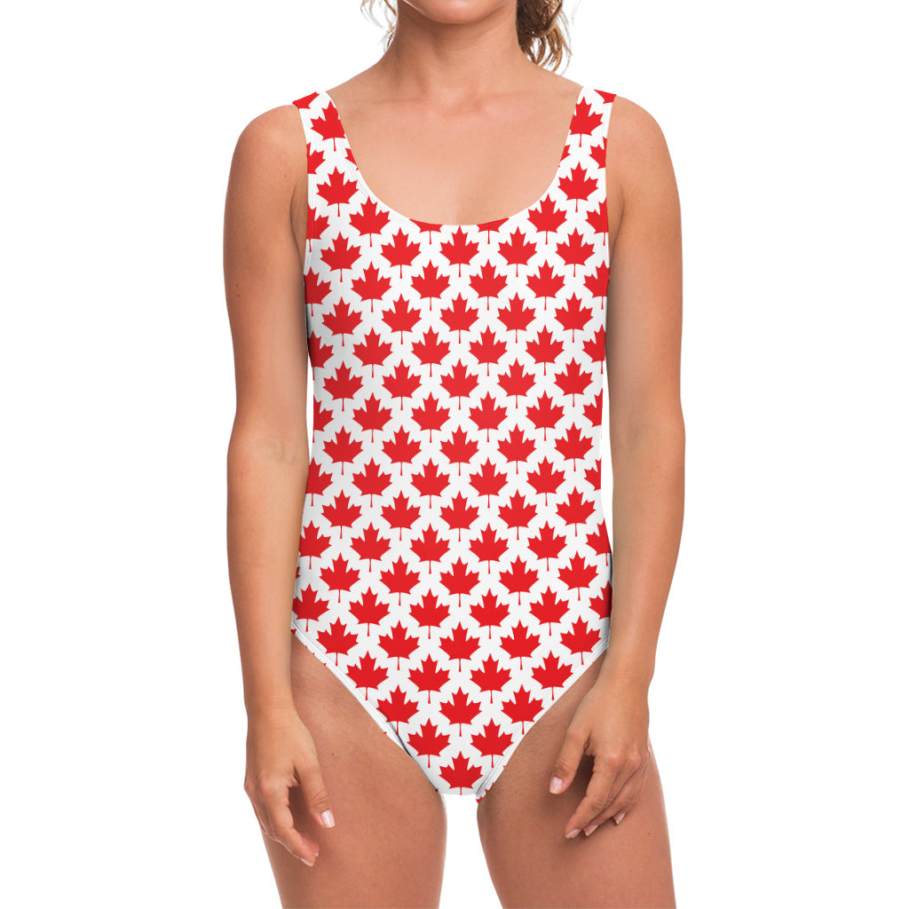 Red Canadian Maple Leaf Pattern Print One Piece Swimsuit