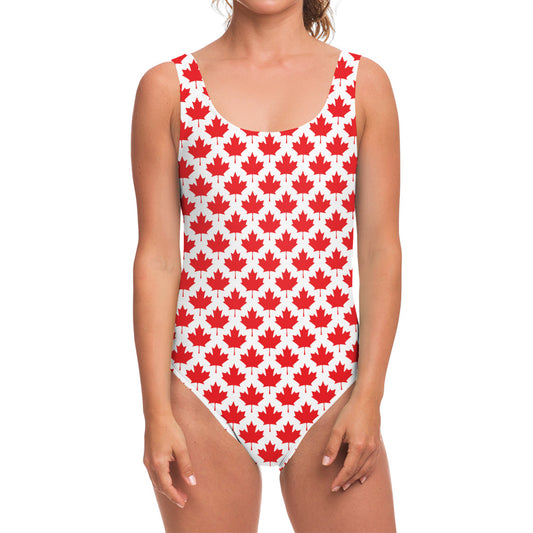 Red Canadian Maple Leaf Pattern Print One Piece Swimsuit