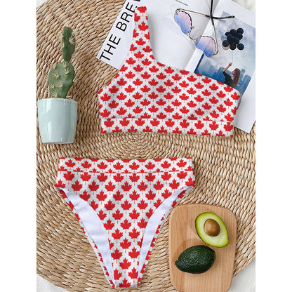 Red Canadian Maple Leaf Pattern Print One Shoulder Bikini Top