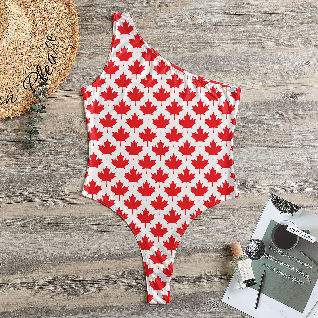 Red Canadian Maple Leaf Pattern Print One Shoulder Bodysuit