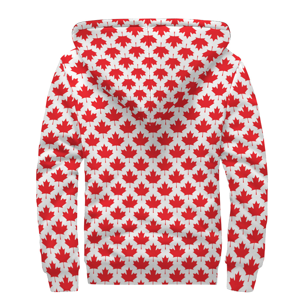 Red Canadian Maple Leaf Pattern Print Sherpa Lined Zip Up Hoodie