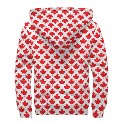 Red Canadian Maple Leaf Pattern Print Sherpa Lined Zip Up Hoodie