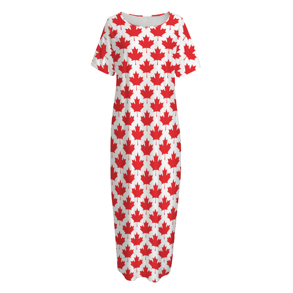 Red Canadian Maple Leaf Pattern Print Short Sleeve Long Nightdress