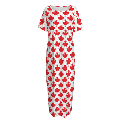 Red Canadian Maple Leaf Pattern Print Short Sleeve Long Nightdress