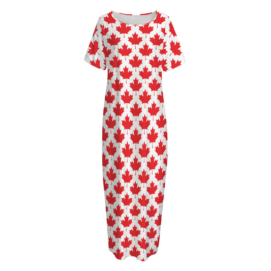 Red Canadian Maple Leaf Pattern Print Short Sleeve Long Nightdress