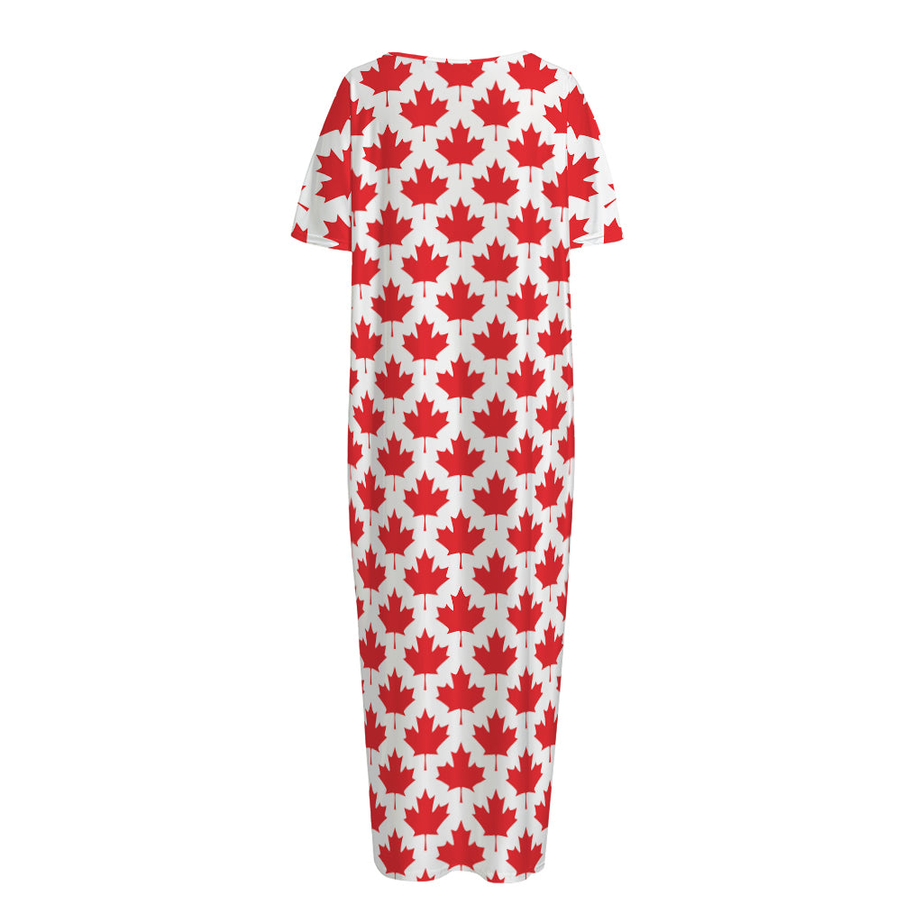 Red Canadian Maple Leaf Pattern Print Short Sleeve Long Nightdress
