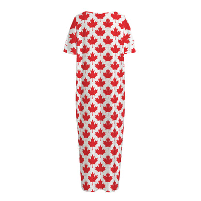 Red Canadian Maple Leaf Pattern Print Short Sleeve Long Nightdress
