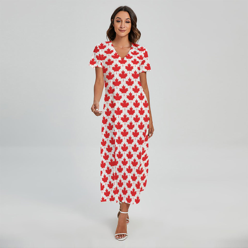 Red Canadian Maple Leaf Pattern Print Short Sleeve Maxi Dress