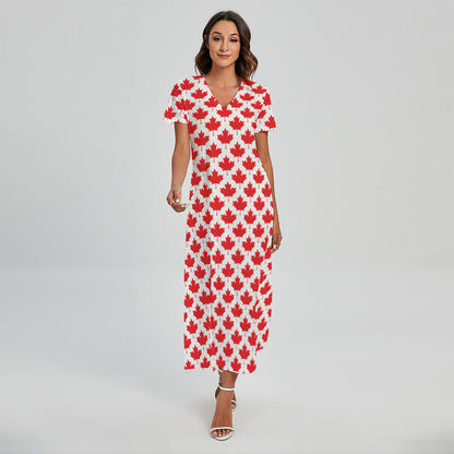 Red Canadian Maple Leaf Pattern Print Short Sleeve Maxi Dress