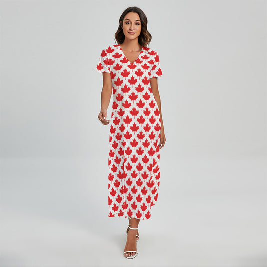 Red Canadian Maple Leaf Pattern Print Short Sleeve Maxi Dress