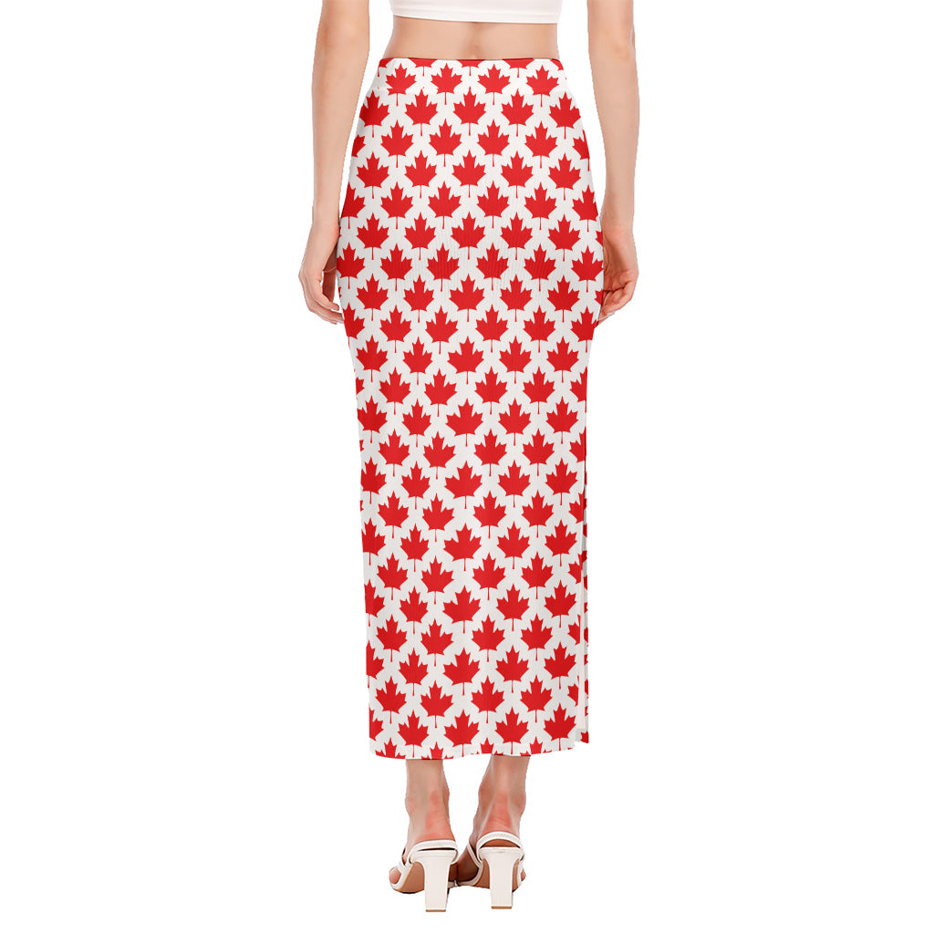 Red Canadian Maple Leaf Pattern Print Side Slit Maxi Skirt