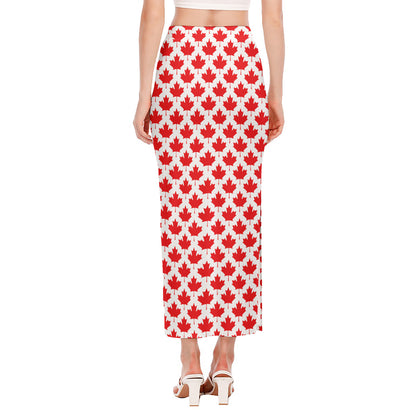 Red Canadian Maple Leaf Pattern Print Side Slit Maxi Skirt