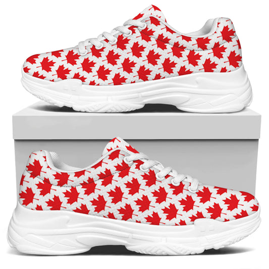 Red Canadian Maple Leaf Pattern Print White Chunky Shoes