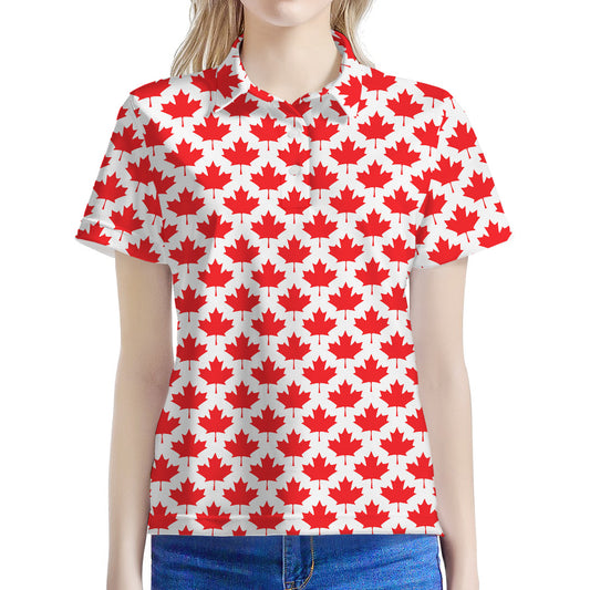 Red Canadian Maple Leaf Pattern Print Women's Polo Shirt