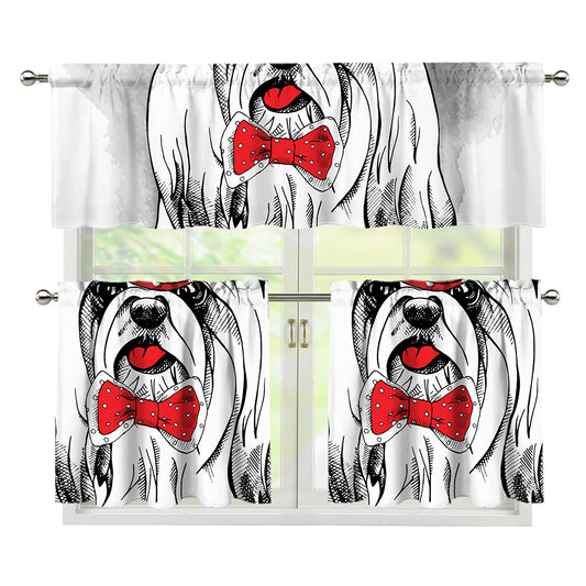 Red Cap Yorkshire Terrier Print 3 Piece Kitchen Curtains