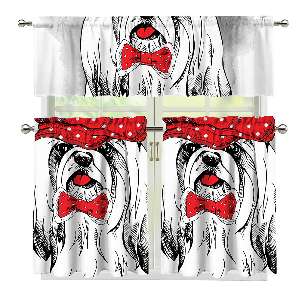 Red Cap Yorkshire Terrier Print 3 Piece Kitchen Curtains