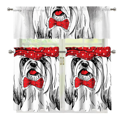 Red Cap Yorkshire Terrier Print 3 Piece Kitchen Curtains