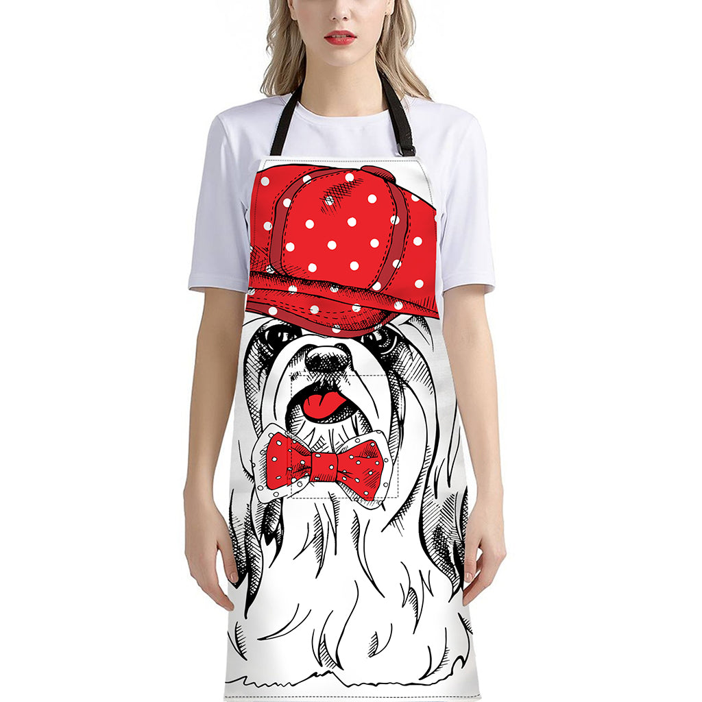 Red Cap Yorkshire Terrier Print Bib Apron With Pocket