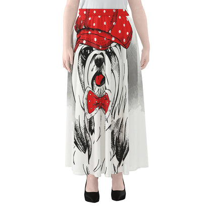 Red Cap Yorkshire Terrier Print Chiffon Maxi Skirt