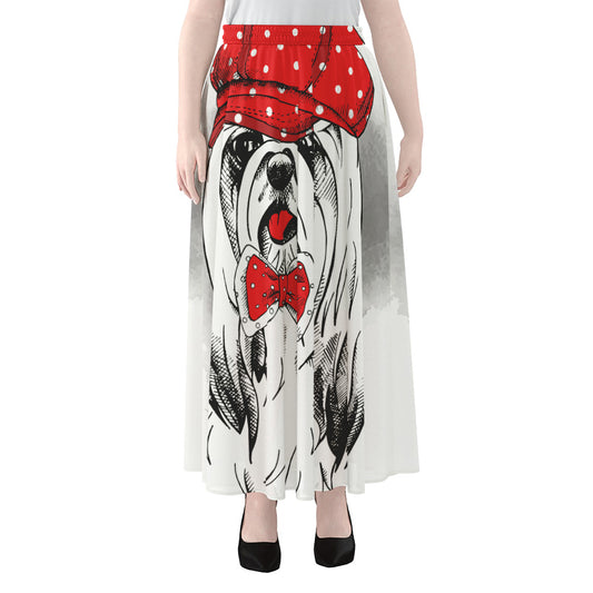 Red Cap Yorkshire Terrier Print Chiffon Maxi Skirt