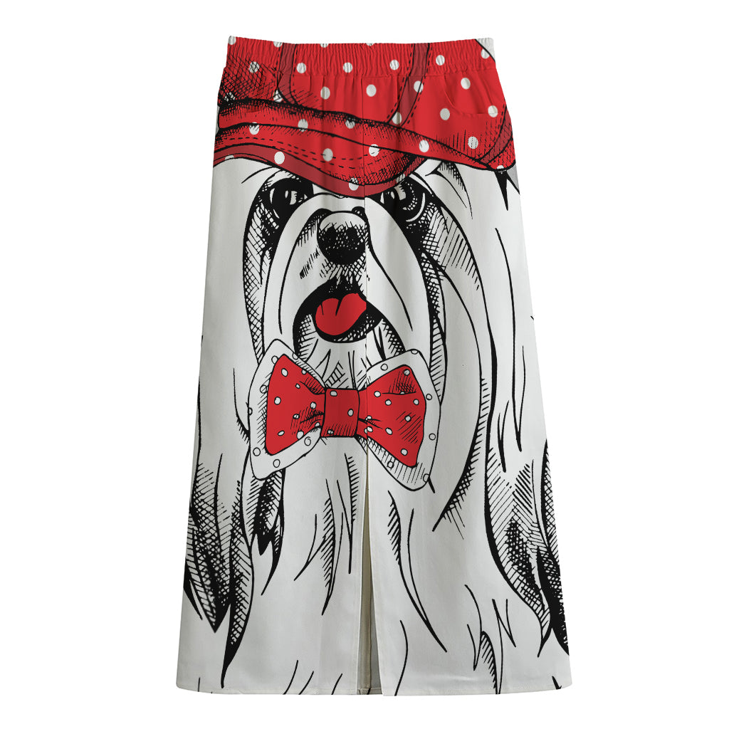 Red Cap Yorkshire Terrier Print Cotton Front Slit Maxi Skirt