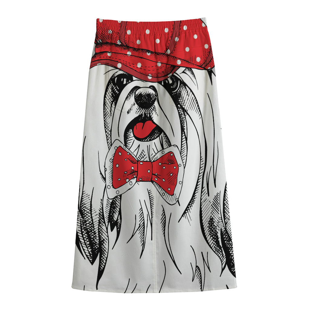 Red Cap Yorkshire Terrier Print Cotton Front Slit Maxi Skirt
